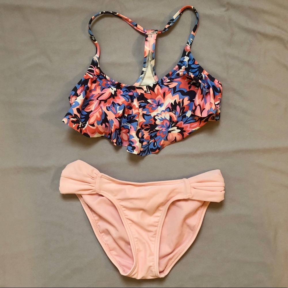 Pink floral bikini flounce top ruched bottom